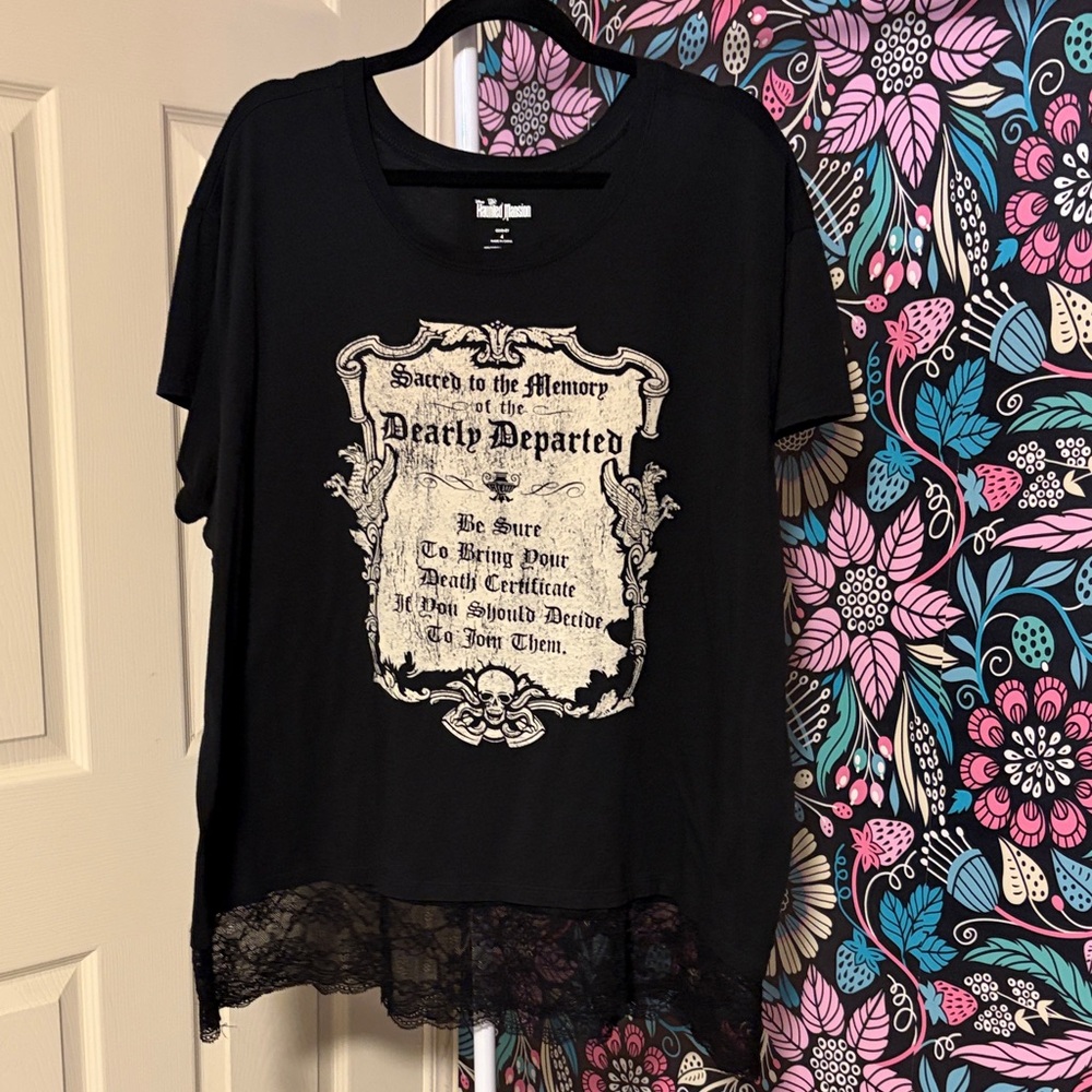 Disney Haunted Mansion Black Tee with Lace and Gothic Print